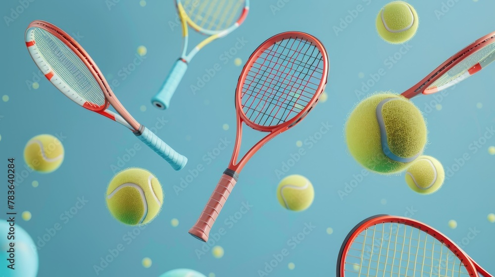 Poster tennis racquets and balls floating 3d style isolated flying objects memphis style 3d render ai gener