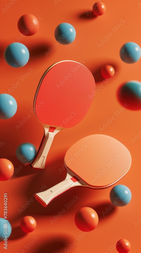Poster table tennis paddles and balls in a modern design 3d style isolated flying objects memphis style 3d 