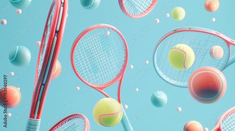 Poster tennis racquets and balls floating 3d style isolated flying objects memphis style 3d render ai gener