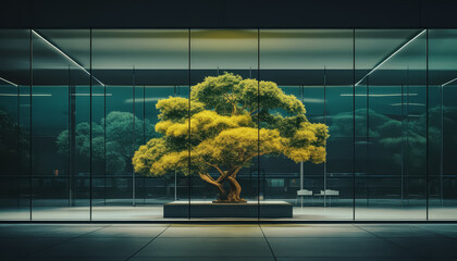 A large tree is in a glass planter in a room with a lot of glass windows