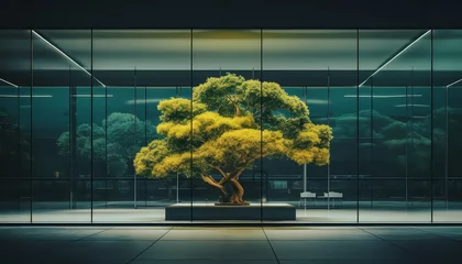 Foto op Canvas A large tree is in a glass planter in a room with a lot of glass windows © terra.incognita
