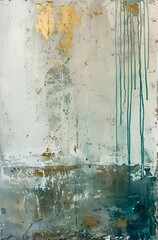a painting with blue and yellow dripping paint on it's walls