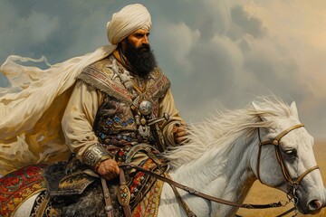 Elusive Ancient Persian nomad warrior. History bearded fighter with head turban. Generate ai - obrazy, fototapety, plakaty