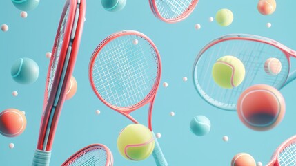 Tennis racquets and balls floating  3d style isolated flying objects memphis style  3d render   AI generated illustration - obrazy, fototapety, plakaty