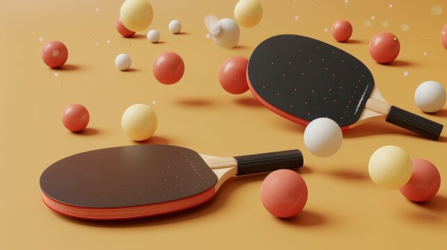 Table tennis paddles and balls in a modern design  3d style isolated flying objects memphis style  3d render   AI generated illustration