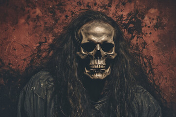a man with long hair and a skull mask on his face - obrazy, fototapety, plakaty