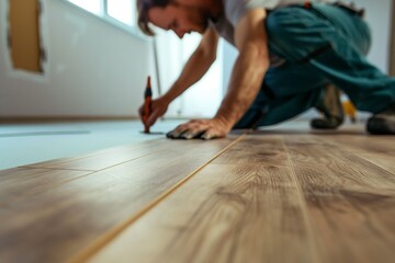 AI generated illustration of a man working on hardwood floor - obrazy, fototapety, plakaty