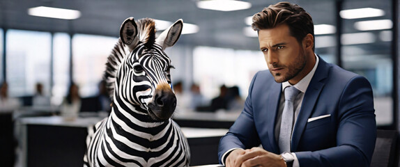 Business Zebra wearing suits in an office, seated in front of a commanding monitor using a tablet to analyze complex data sets in real-time, with a digital interface overlaid onto the scene - obrazy, fototapety, plakaty