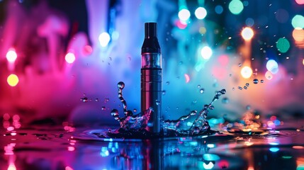 Vibrant image of an e-cigarette amidst a splash of water with colorful bokeh, ideal for lifestyle and modern technology themes.