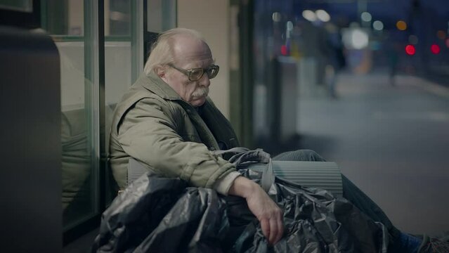 Depressed Unemployed Senior Homeless Beggar Being Poor After Job Loss