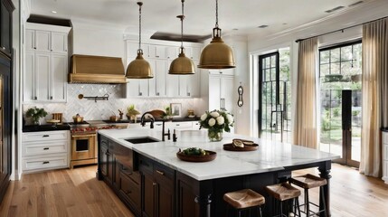 Spacious Kitchen With Center Island and Stools. Generative AI