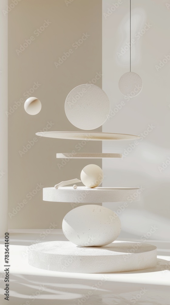 Poster unique floating sculptures in a minimalist composition 3d style isolated flying objects memphis styl