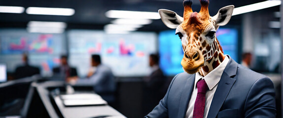 Business Giraffe wearing suits in an office, seated in front of a commanding monitor using a tablet to analyze complex data sets in real-time, with a digital interface overlaid onto the scene  - obrazy, fototapety, plakaty