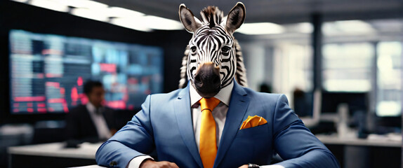 Business Zebra wearing suits in an office, seated in front of a commanding monitor using a tablet to analyze complex data sets in real-time, with a digital interface overlaid onto the scene - obrazy, fototapety, plakaty