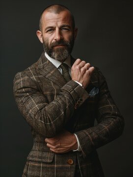 A bearded business gentleman, half-length, adjusting his sleeves, smiling naturally and confidently, standing and looking at the camera, showing professional charm in the workplace