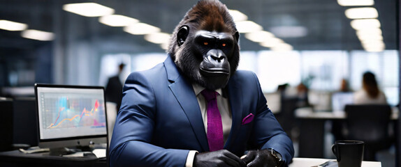  Business Gorilla wearing suits in an office, seated in front of a commanding monitor using a tablet to analyze complex data sets in real-time, with a digital interface overlaid onto the scene - obrazy, fototapety, plakaty