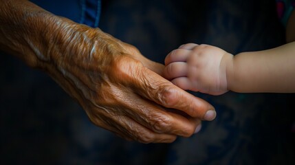 Baby hand gently grasping an elderly person's thumb, AI-generated.