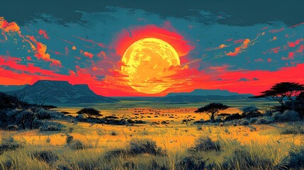 Bright full moon illuminates the savanna landscape, AI-generated.
