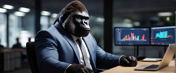  Business Gorilla wearing suits in an office, seated in front of a commanding monitor using a tablet to analyze complex data sets in real-time, with a digital interface overlaid onto the scene - obrazy, fototapety, plakaty