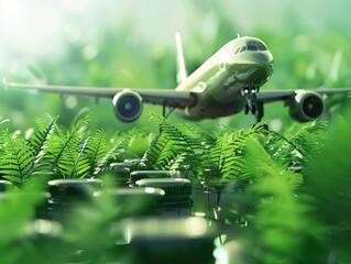 Illustration depicting the concept of sustainable aviation fuel, emphasizing net-zero emissions flight and sustainability in transportation.  - obrazy, fototapety, plakaty