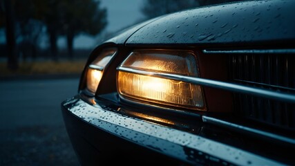 AI generated illustration of car headlights illuminated in rain with raindrops on top - obrazy, fototapety, plakaty
