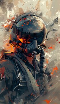 AI-generated illustration of a jet fighter pilot in a helmet pictured against an abstract backdrop