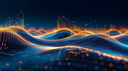 Technological futuristic illustration featuring a wave of luminous particles, visualizing big data within a 3D technological landscape. Ideal for Design, Background, Cover, Poster, Banner, PPT, KV des - obrazy, fototapety, plakaty