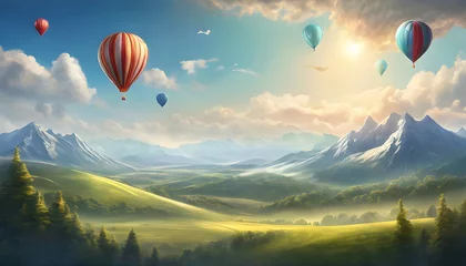 Fototapeten Hot air balloon soaring over majestic mountains, offering a colorful aerial view of the breathtaking landscape and endless sky, background, banner © Lunasnow