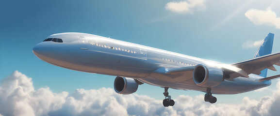 Obraz premium Airplane soaring through fluffy clouds in the vast sky, background, banner