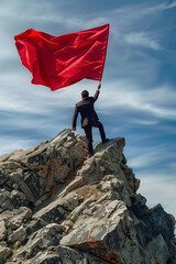 Obraz premium man in a business suit with a red flag climbs on the top of the mountain. concept of success in business, overcoming difficulties.