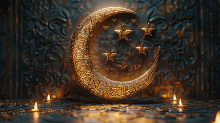 Festive Eid Al Adha greeting featuring a detailed golden crescent moon and stars, set against an intricately designed background. Perfect for celebrating the Islamic festival. - obrazy, fototapety, plakaty