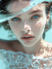A serene underwater portrait of a young woman with blue eyes, illuminated by sunlight, showcasing the delicate play of water reflections and a touch of elegance