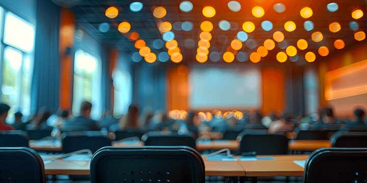 A defocused image capturing the atmosphere of a seminar room with people attending lectures and educational sessions
