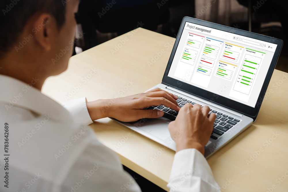 Poster project planning software for modish business project management on the computer screen showing time
