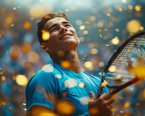 Tennis player celebrating the championship win, flying gold confetti and an awesome arena lighting.