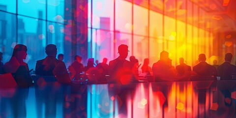 Abstract background of a bustling conference hall with blurred figures networking and interacting in a corporate setting - obrazy, fototapety, plakaty