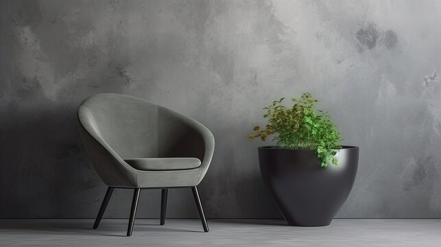 Grey armchair and a big house plant in a big vase in modern home decoration. Part of the interior in a minimalist style against the background of a dark gray concrete wall.