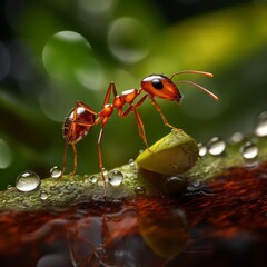 a leaf cutter ant with its reflection in the water on a branch