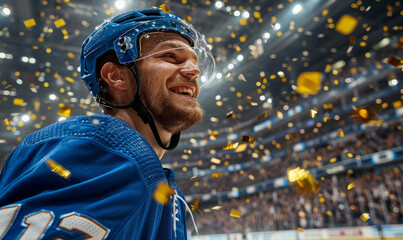Ice hockey player celebrating the championship win, flying gold confetti and an awesome arena...
