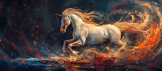White horse or unicorn with long mane on fire background.  - obrazy, fototapety, plakaty
