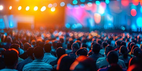 Abstract concept of a crowded convention hall with blurred figures engaged in discussions and presentations