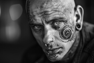 AI generated illustration of A man with facial tattoos and piercings
