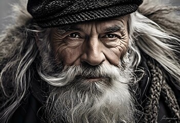 AI generated illustration of a portrait of an old man with a white beard, wearing a hat - obrazy, fototapety, plakaty
