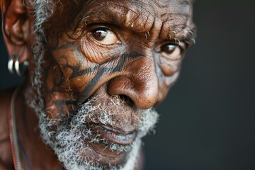 AI generated illustration of an old African man with his face covered with tattoos