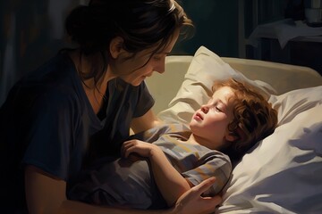 Woman and a young child lying in bed together in dim lighting, AI-generated.