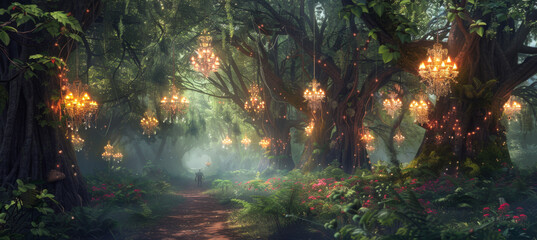 Fantasy forest with magical light, fog, old trees and fairy lights.