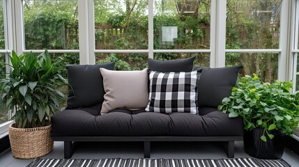 A sofa with pillows in the middle of the veranda of a summer country house. A cozy atmosphere for a relaxing holiday among many green plants. - obrazy, fototapety, plakaty