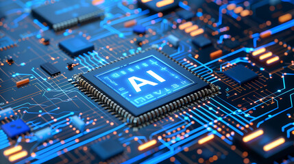 A computer chip with the letters AI on it. The chip is blue and orange. The image has a futuristic feel to it - obrazy, fototapety, plakaty