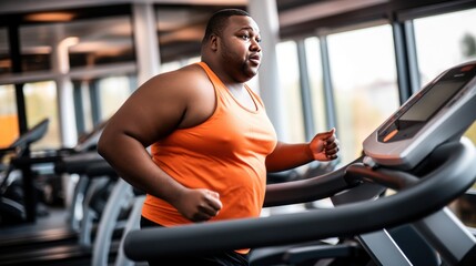 Overweight African American man runs on treadmill in sports club with panoramic windows overlooking sunny city - obrazy, fototapety, plakaty