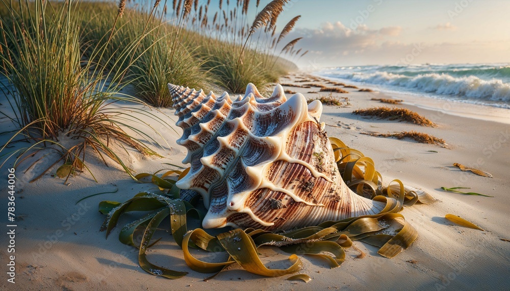 Wall mural Weathered seashell resting on the shore near grass and water, AI-generated.